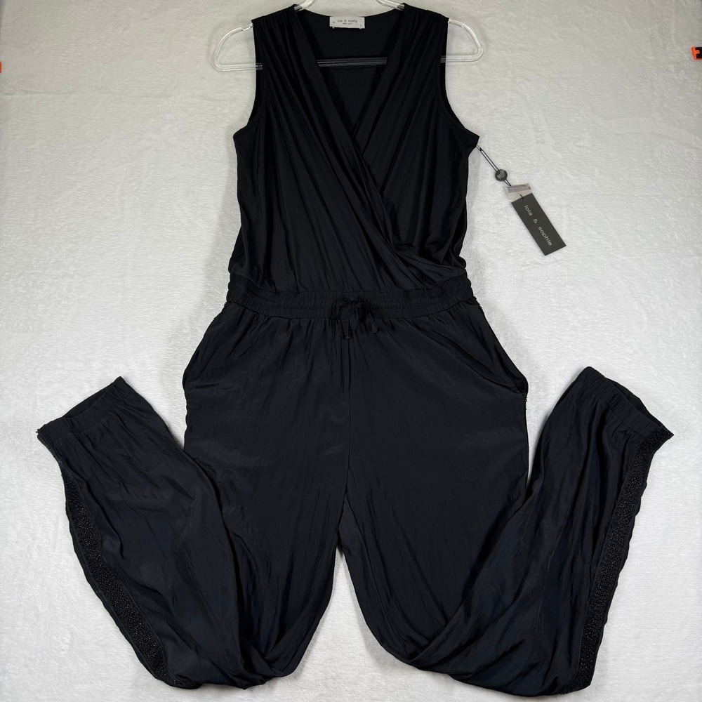 Lola & Sophie Black Sleeveless‎ Surplice Jumpsuit Beaded Side Stripe Size S NEW